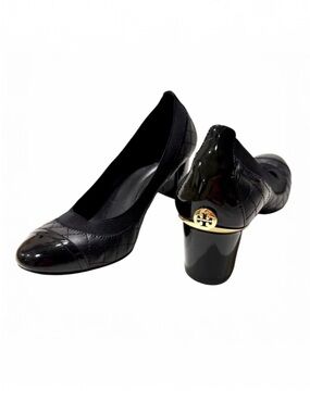 Tory Burch Carrie Black Quilted Pumps Size 8.5 Patent Cap Toe Block Heels Shoes